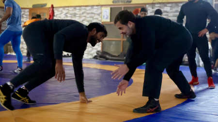 Rahul Gandhi-Bajrang Punia idea exchange: Dhobi pachaad meets jiu-jitsu moves at Haryana’s famous akhada