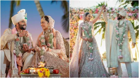 Know all about Rakul Preet’s bridal lehenga and Jackky Bhagnani’s chikan sherwani by Tarun Tahiliani