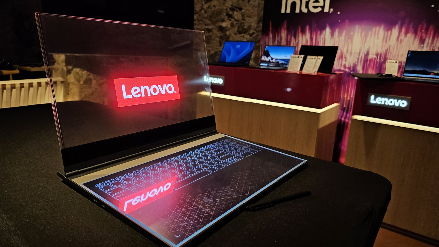 Chinese tech firm Lenovo shows off a laptop with a see-through screen