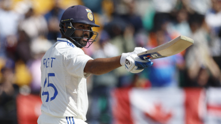 What are the records Rohit Sharma broke en route to his century against England at Dharamsala