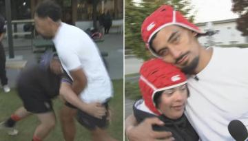 Rugby: AM Show roving reporter William Waiirua smashed in Tri Rugby tackle at Christchurch High School Old Boys