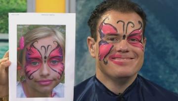 Lloyd Burr has face painted as butterfly by former children's party entertainer Melissa Chan-Green